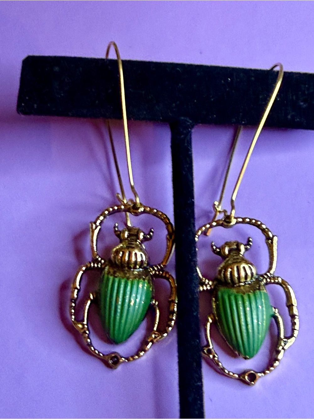 Handmade Gold-Tone Scarab Drop Earrings with Green Enamel